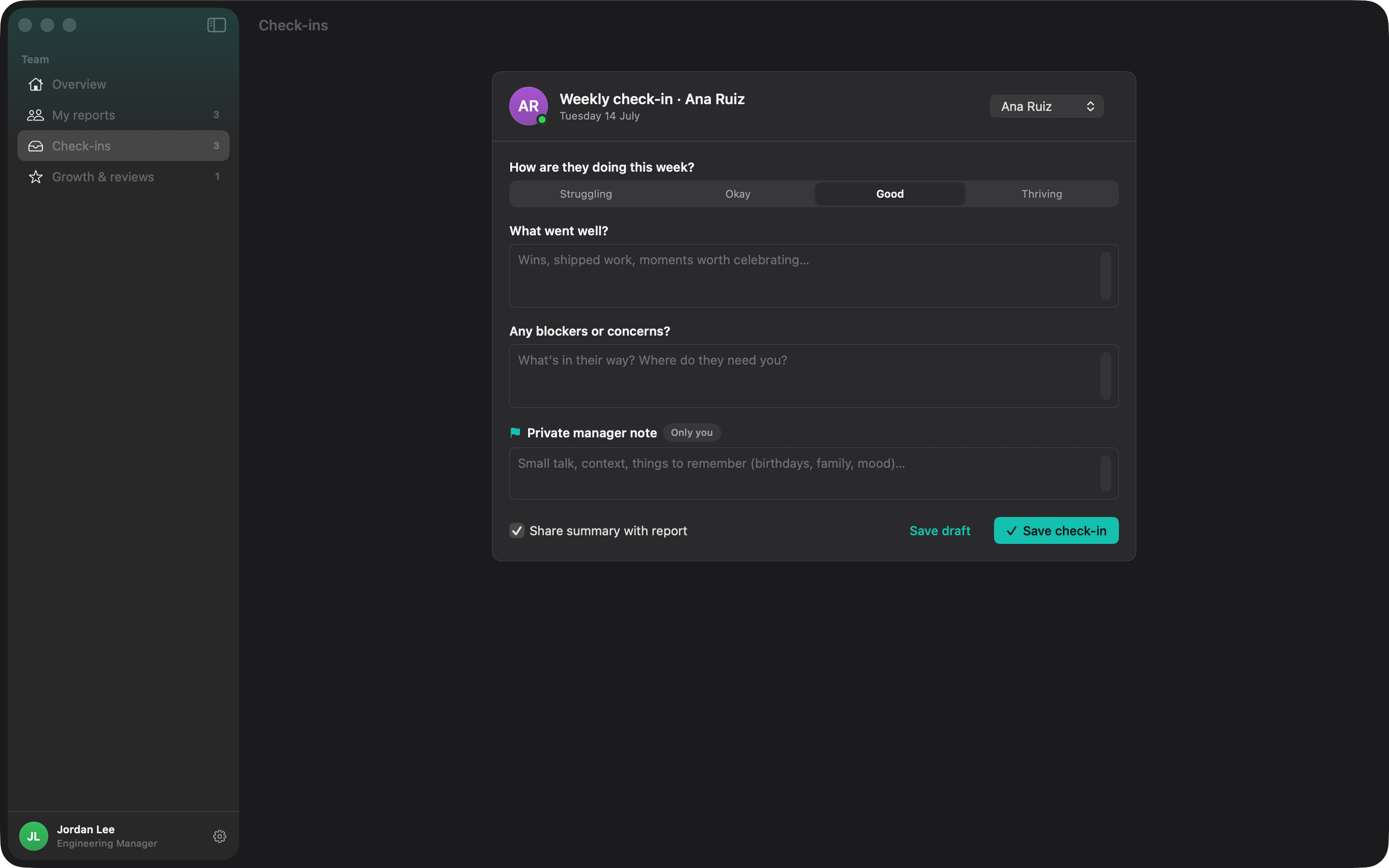 Check-in screen with a structured weekly check-in form