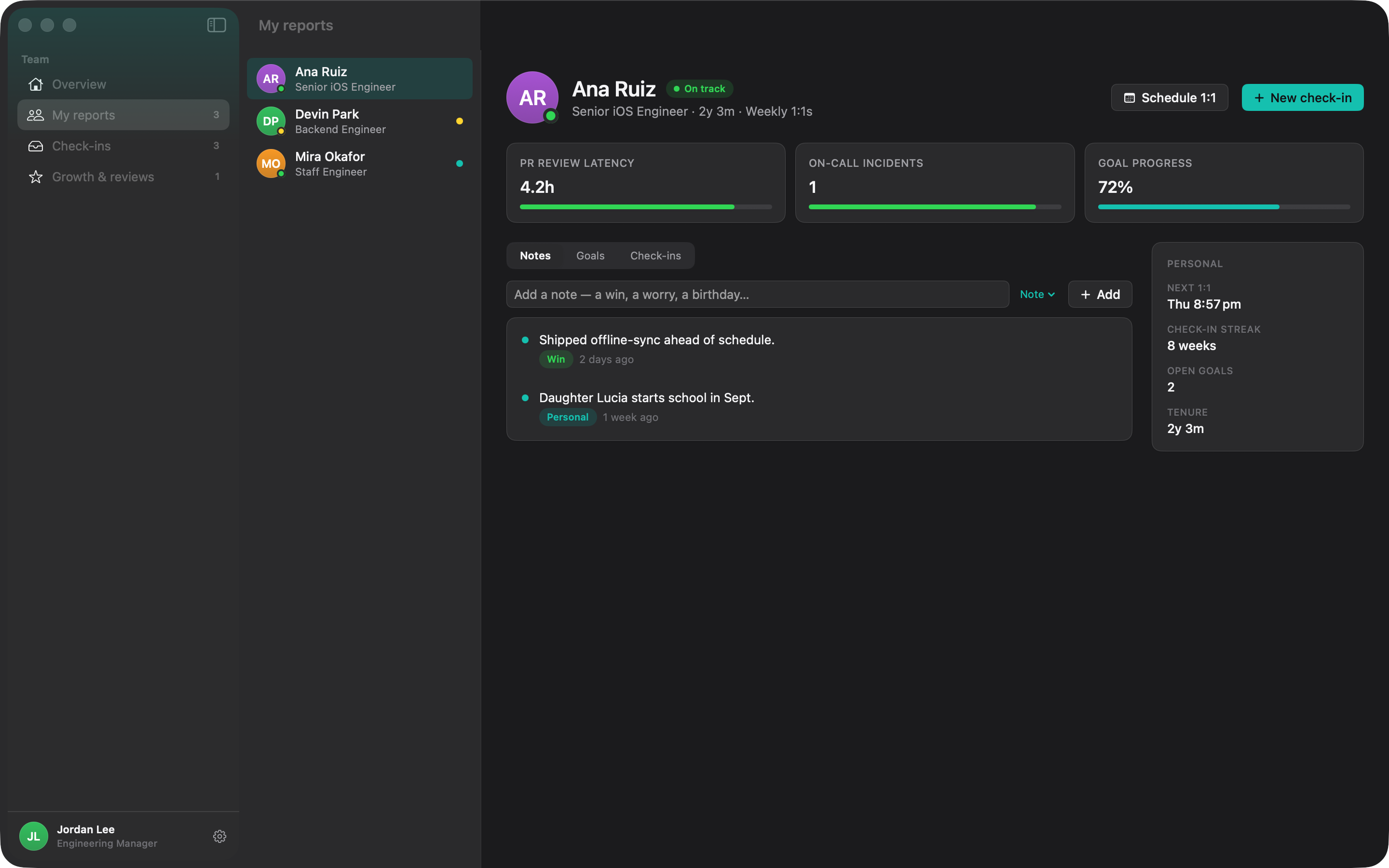 My reports screen showing a report profile with KPIs, notes, and goals