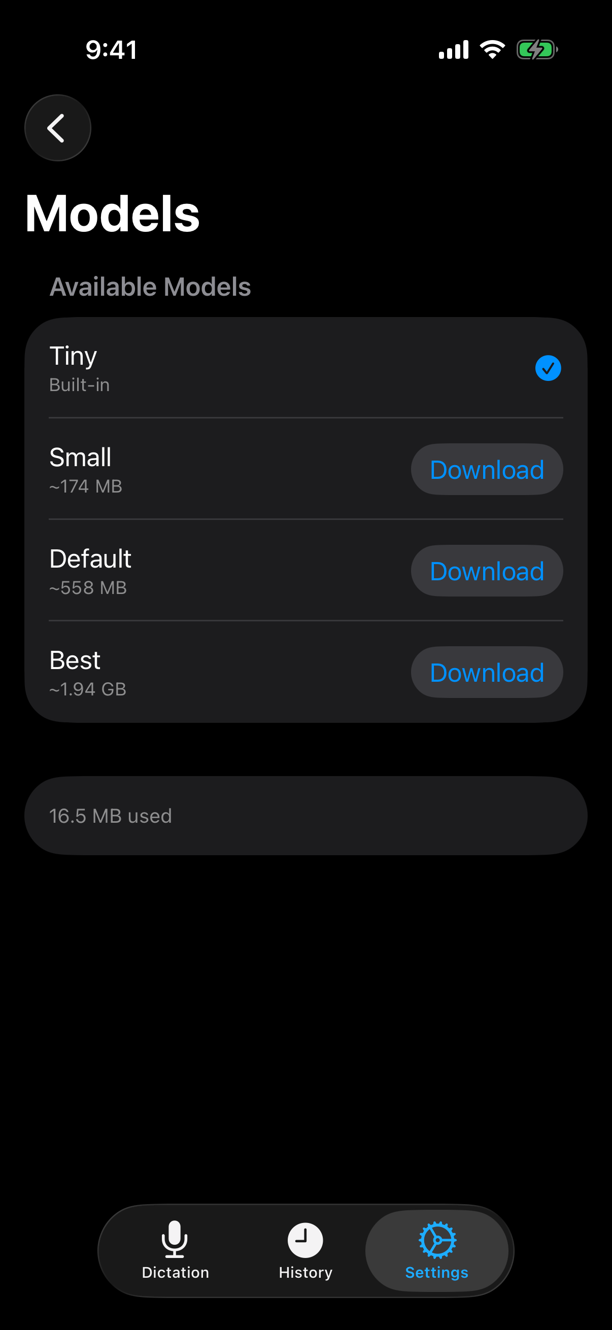 Models screen listing on-device speech models