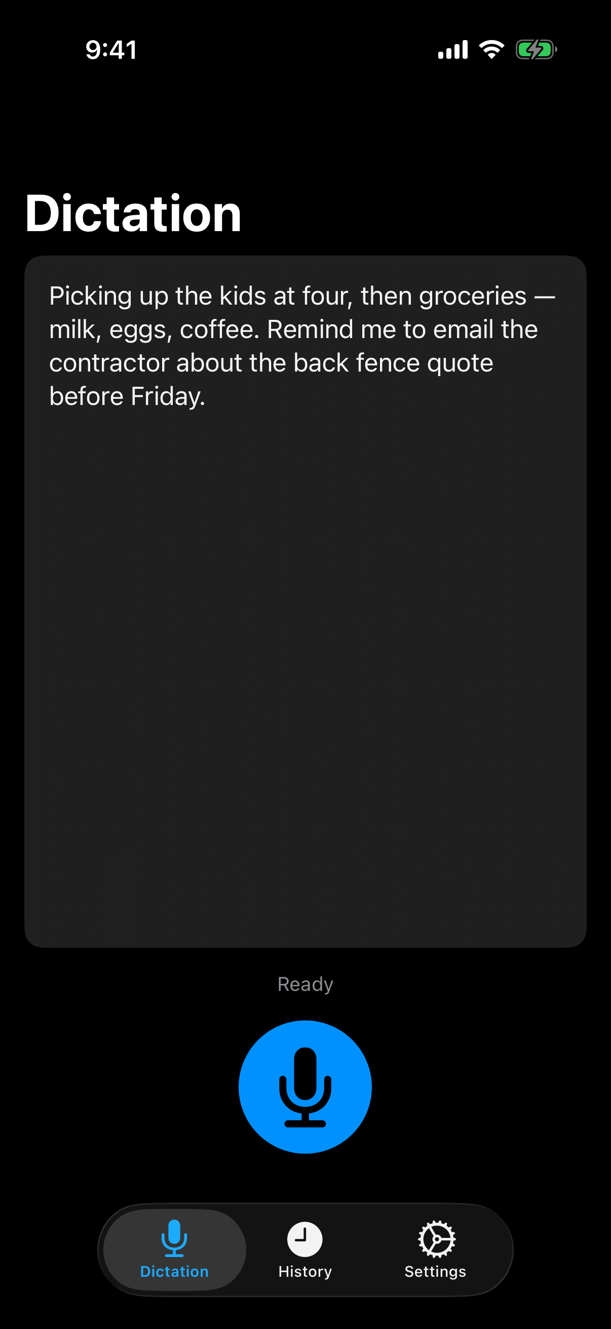 Transcript screen with words appearing as you speak