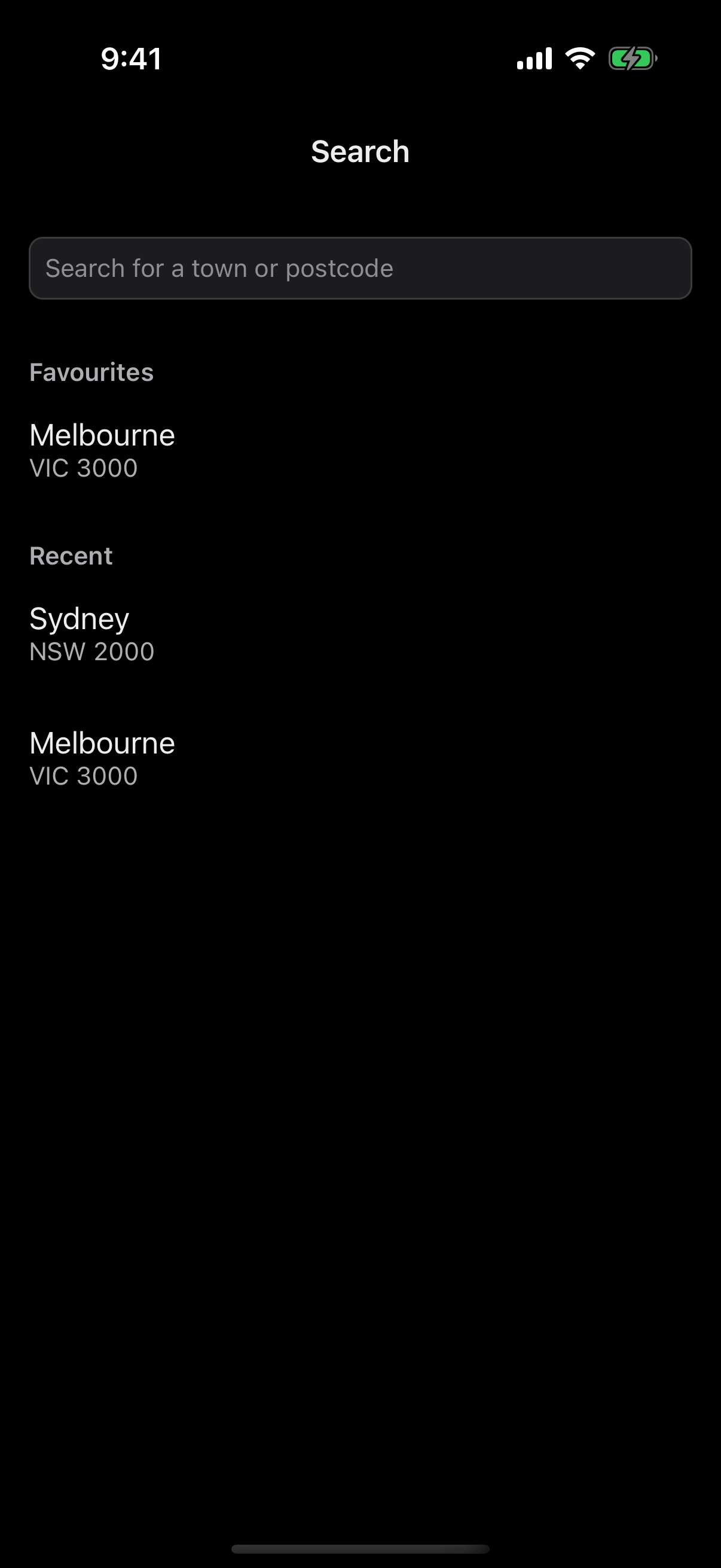 Search screen with favourite and recent locations